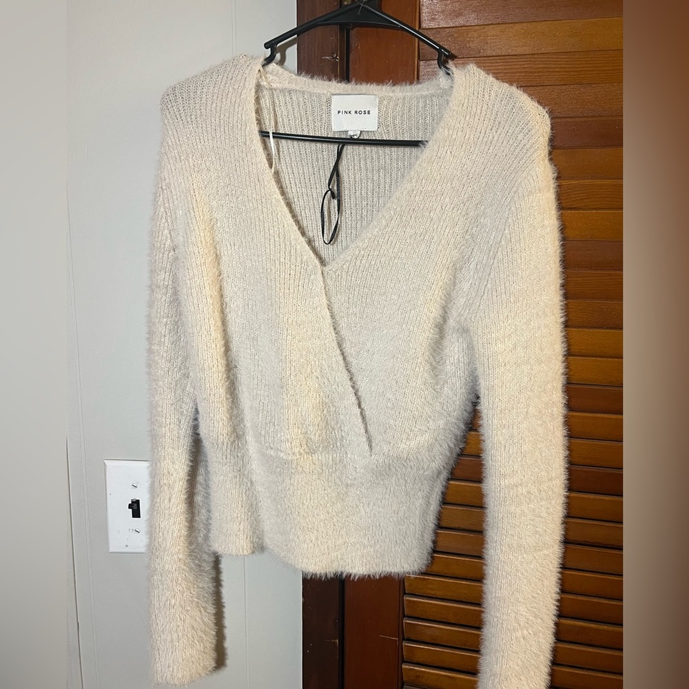Pink Rose White Fuzzy Sweater